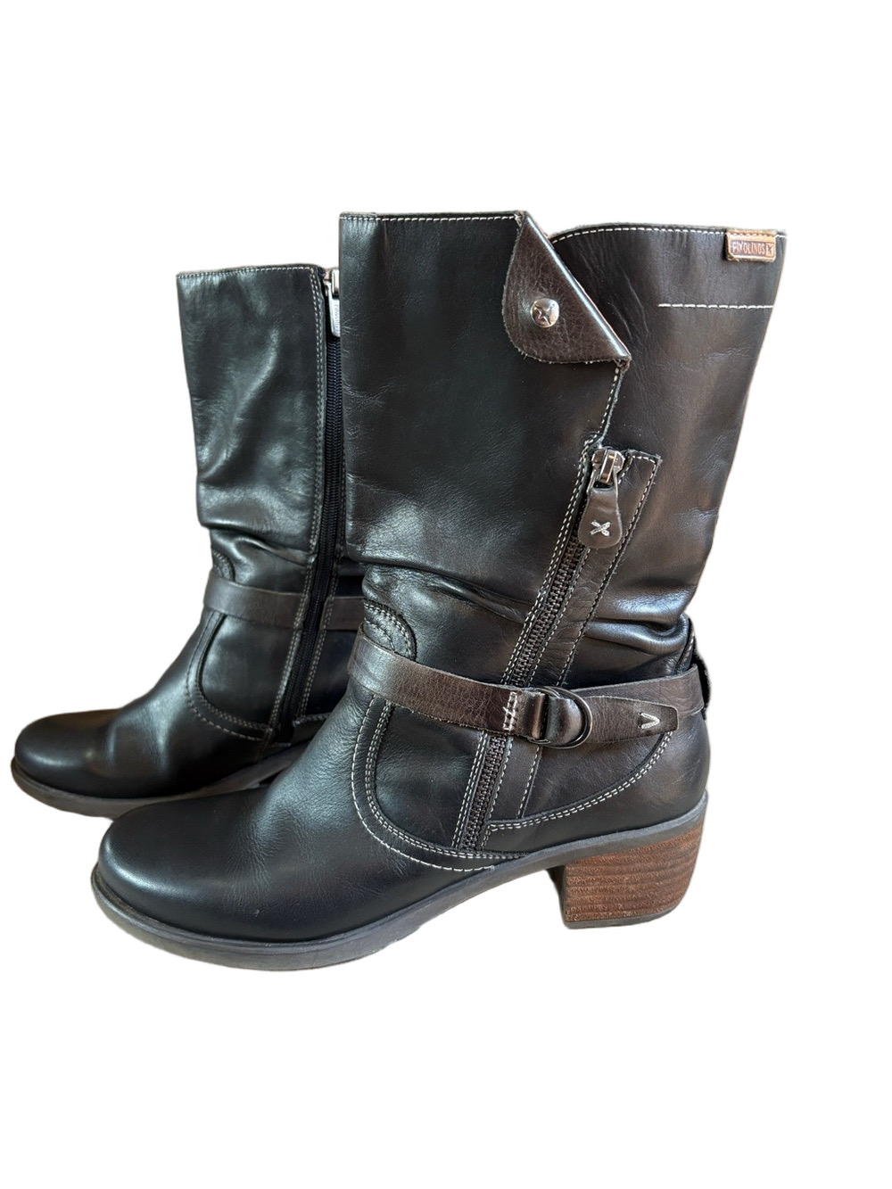 PIKOLINOS Black Leather Mid-Calf Buckle Heeled Boots size 40